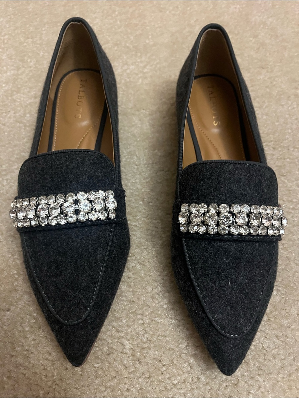Talbots Black Pointed Loafers with Crystal Band